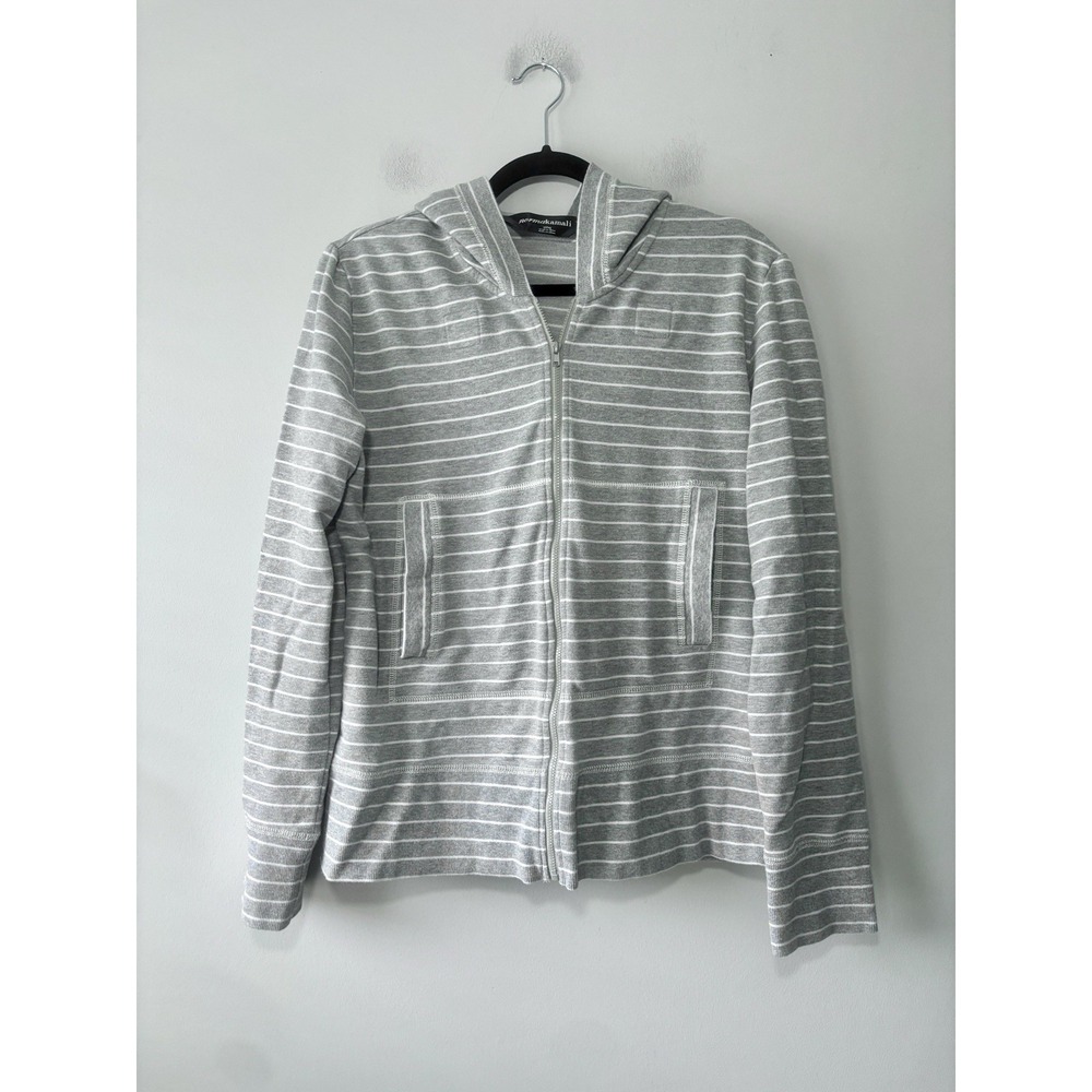 Norma Kamali Striped Full Zip Sweatshirt Hoodie Convertible Zipper Hood Cotton